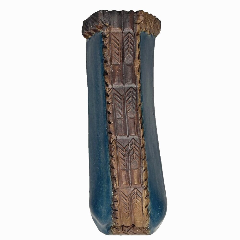 Pottery Wall Pocket Vase Studio Art Clay Blue Brown Embossed Handmade 7.75 in